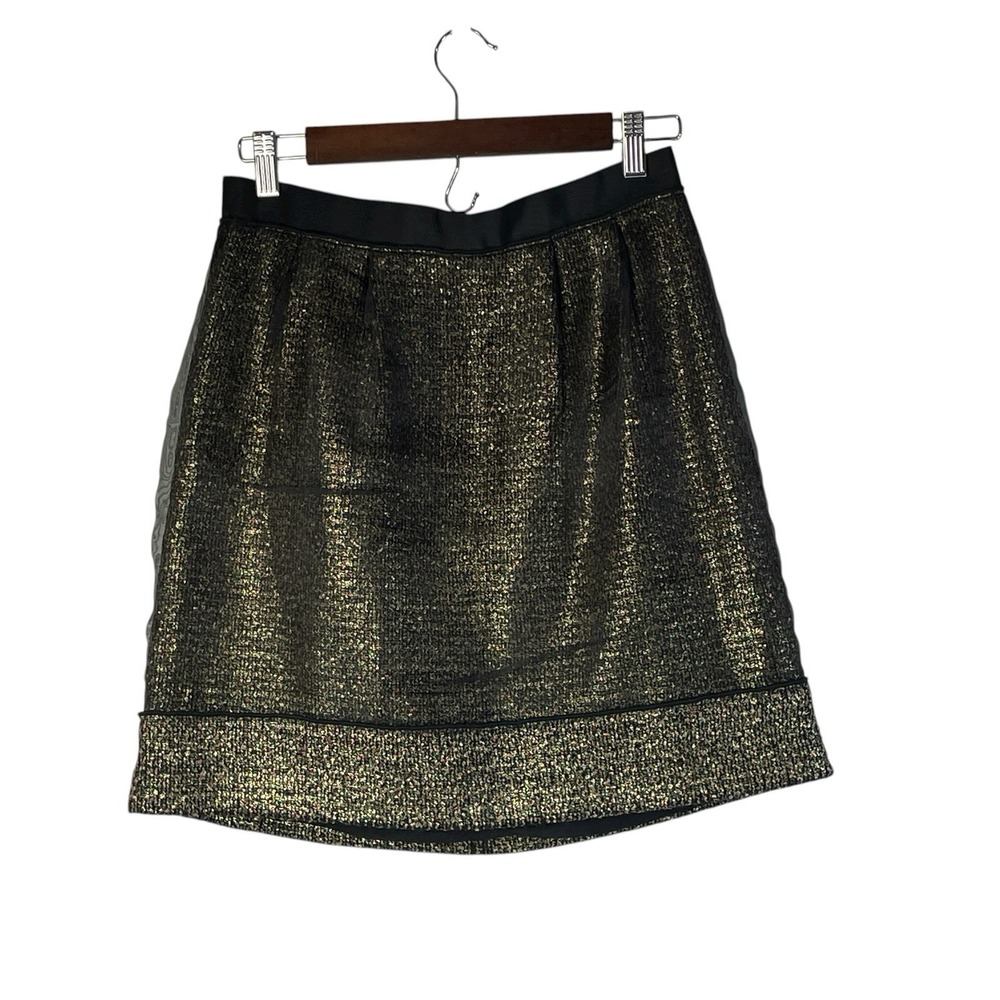 Ann Taylor Loft Black‎ Gold Metallic Tweed Mini A- Line Skirt Holiday Party 6